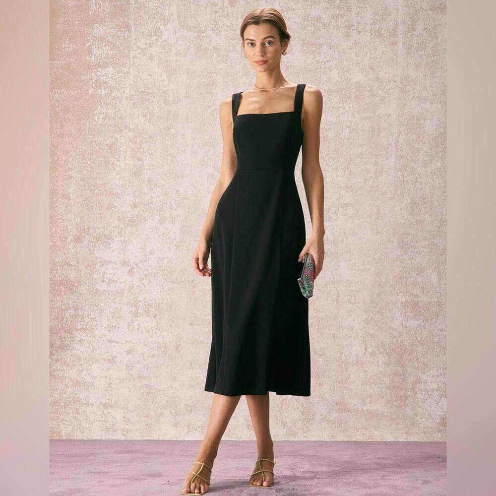 RIHOAS The Black Square Neck Sheath Midi Dress XS